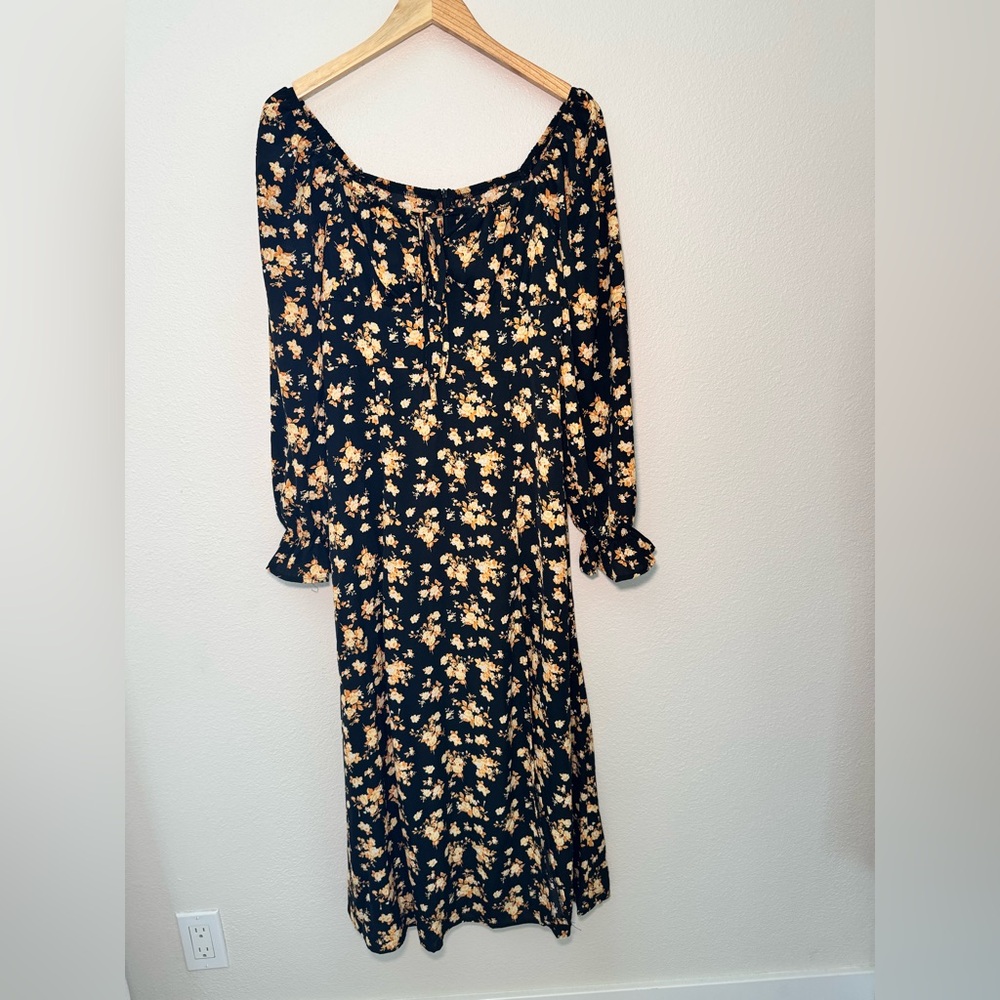 Women’s Black Floral Midi Dress with Yellow Print size M
